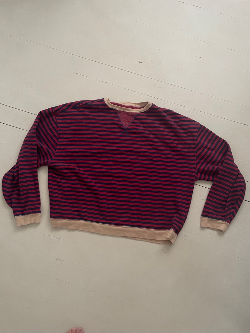 Free People Red and Black Striped Crewneck Sweatshirt with Cream Trim